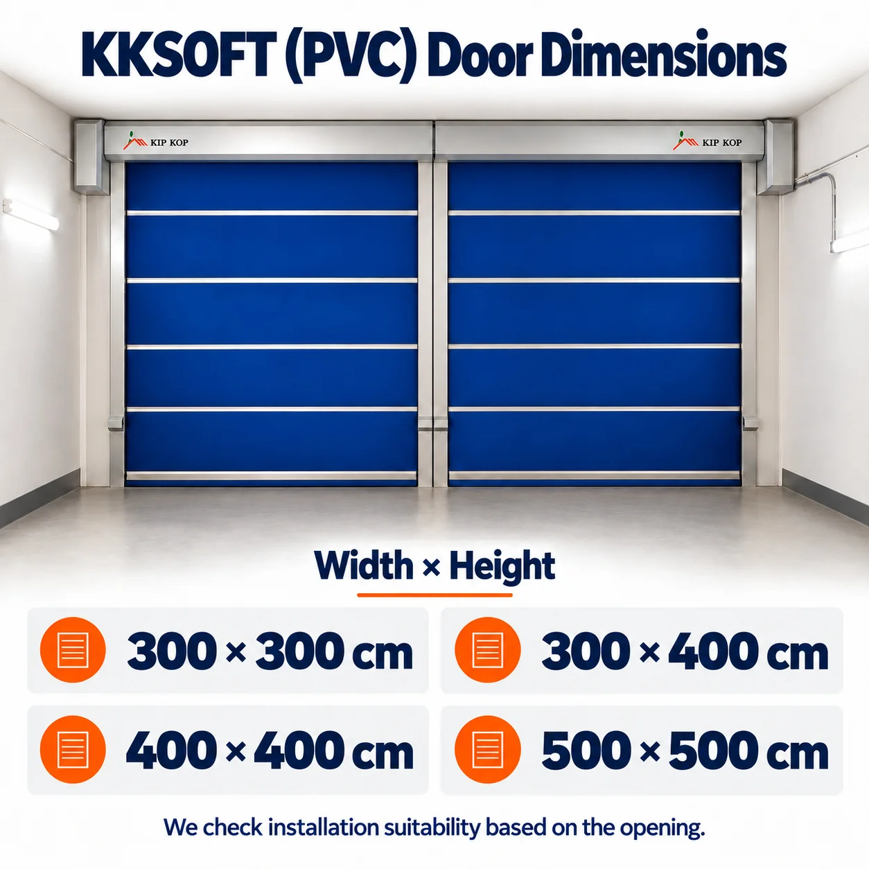 KKSOFT PVC high-speed roller door dimensions, width × height: 300 × 300, 300 × 400, 400 × 400 and 500 × 500 cm